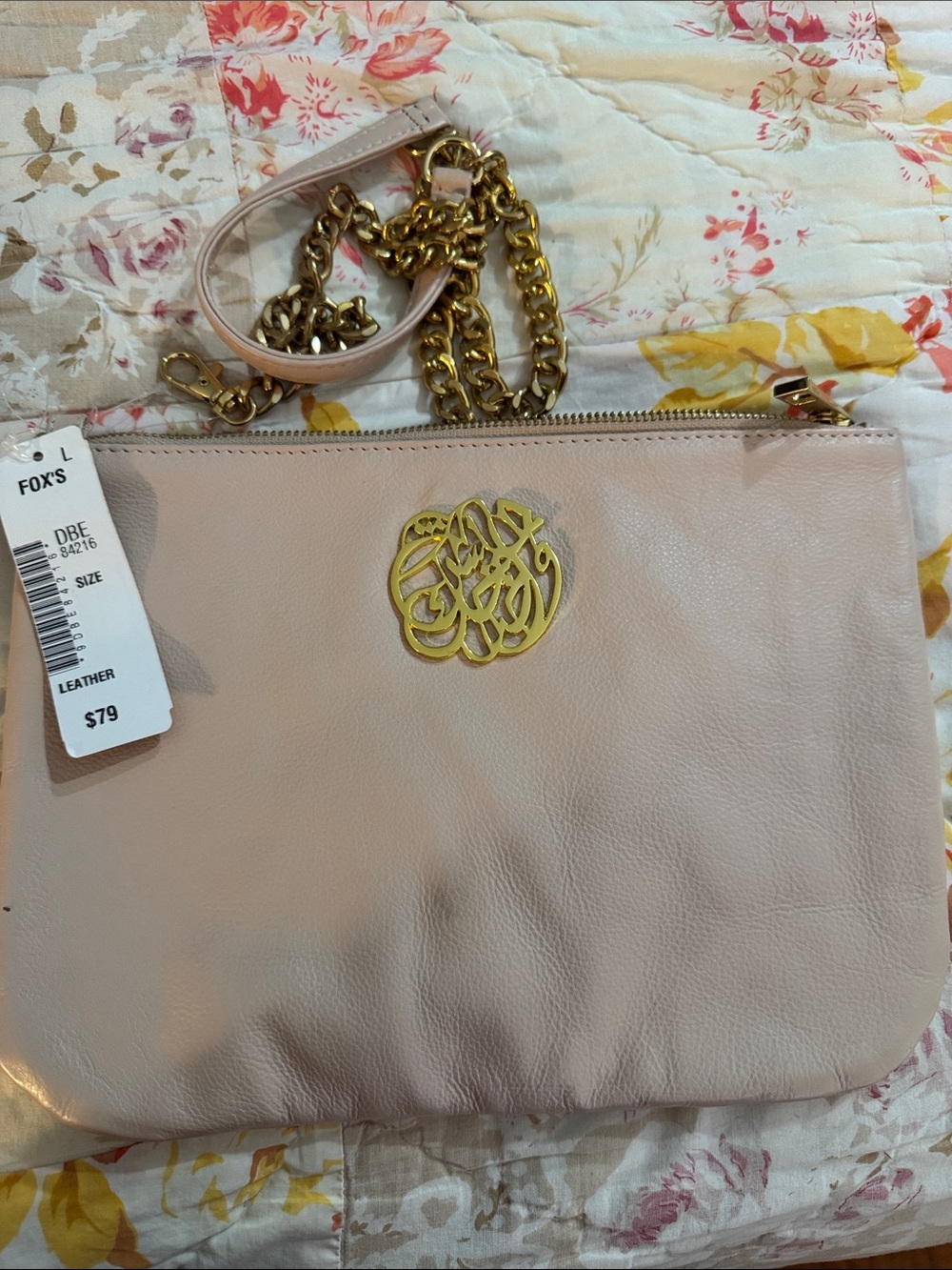 Fox Blush Pink Leather Wristlet with Gold Chain and Logo